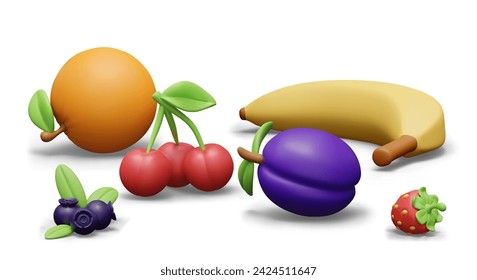 Fruit and berry set in 3D style. Banana, orange, cherry, plum, strawberry, blueberry