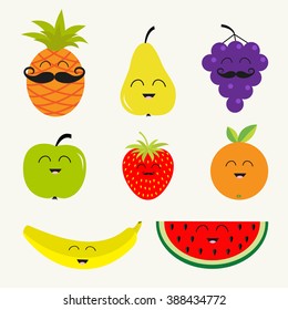Fruit berry set.  Cartoon character face mustache. Banana, cherry, strawberry orange pineapple, grape, lemon, cherry, mellon, watermelon blueberry apple Isolated Flat Vector illustration