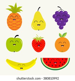 Fruit and berry set.  Character face. Banana cherry strawberry orange pineapple grape lemon cherry mellon, watermelon blueberry pear raspberry apple slice  Isolated Flat design Vector illustration