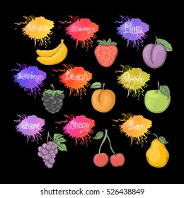 Fruit and berry set illustration isolated on a black background.Summer fruit icon hand draw in doodle style with with titles 