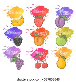 Fruit and berry set illustration isolated on a white background.Summer fruit icon hand draw in doodle style with with titles