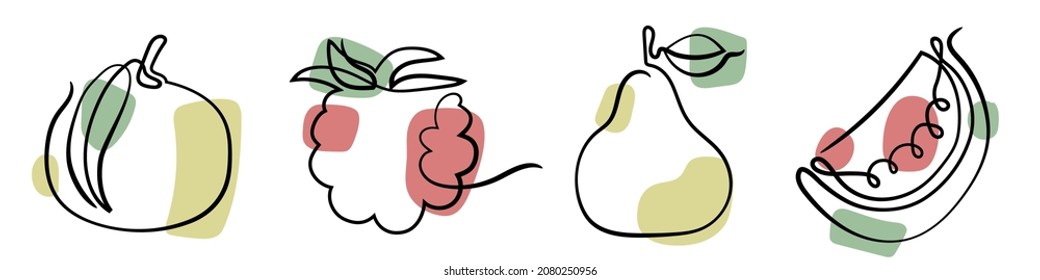 Fruit and berry set. Tangerine, raspberry, pear and watermelon sketch. Hand drawn  illustration