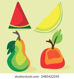 Fruit and berry set in vector. Watermelon, melon, apple and pear.