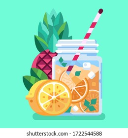 Fruit and berry smoothie or healthy detox lemon cocktail in glass jar with straw. Juice bar menu position. Summer veggie mix, orange refreshing ice shake. Soft drink with mint and citrus fruit slices.