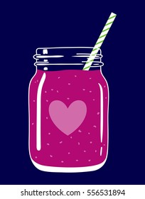 Fruit and berry smoothie in mason jar with striped straw and heart. Romantic smoothie. Valentine's day healthy drink. Fresh natural beverage, isolated.  Vector hand drawn illustration eps10.