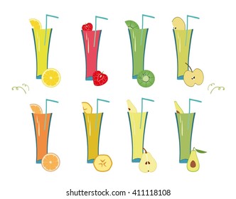 Fruit and berry smoothie vector set.  banana Smoothie,  strawberry Smoothie,   apples Smoothie, kiwi shake, avocado shake. Fresh smoothies  isolated.Fruit shake set. Fruit smoothie vector set.