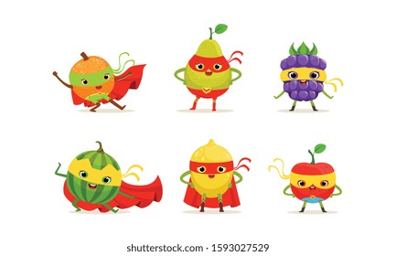 Fruit and Berry Superheros Rushing to the Rescue Vector Set