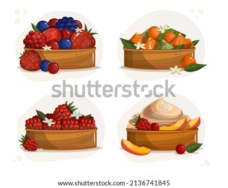 Fruit and berry tart sets.  Set of cakes with fruit and berry. Sweet homemade pies. Delicious cakes with lots of toppings