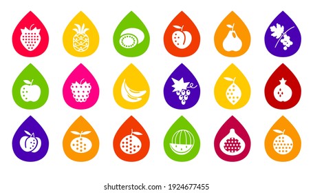 Fruit and berry teardrop icons set. Colored symbols, stickers, drop icons. Healthy food. Trend vector illustration for web design, print, juice, water, mineral water, drinks. 
