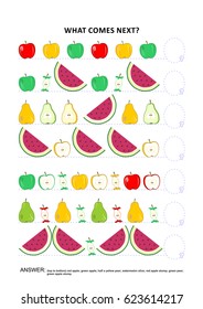 Fruit and berry themed educational logic game training sequential pattern recognition skills: What comes next in the sequence? Answer included.

