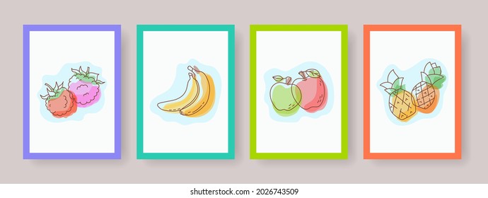 Fruit and berry vector banners for wall. Design posters with raspberry, banana, apple and pineapple. Hand drawn picture. Cover template set