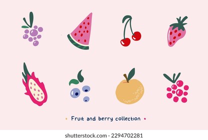 Fruit and berry vector collection. Hand drawn clipart of raspberry, blueberry, blackberry, cherry, strawberry, watermelon, dragon fruit, orange