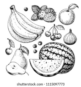 Fruit and berry vector drawing set. Hand drawn summer food illustration of banana, strawberry, cherry, blueberry, apricot, fig and pear. Vintage sketch. Farm product or restaurant menu, icon and label