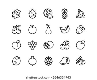 Fruit and Berry Vector Icon Set | Adjustable Line Weight | Blueberry, durian, watermelon, apple, pear, banana, strawberry, peach, grape, kiwi, orange, lemon, pomegranate, raspberry, mango icons