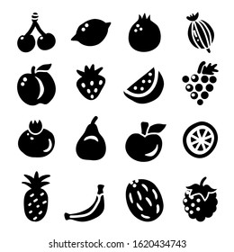 Fruit and berry vector icons set. Black silhouette of plant green food. 