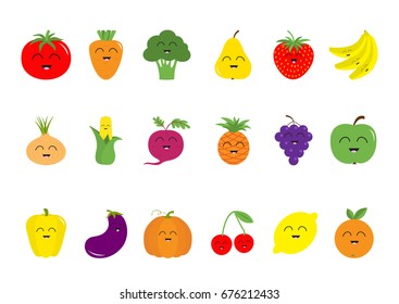 Fruit berry vegetable face icon set Pear, strawberry, banana pineapple, grape, apple, cherry, lemon, orange. Pepper, tomato, carrot broccoli, onion sweet corn beet eggplant aubergine pumpkin Vector