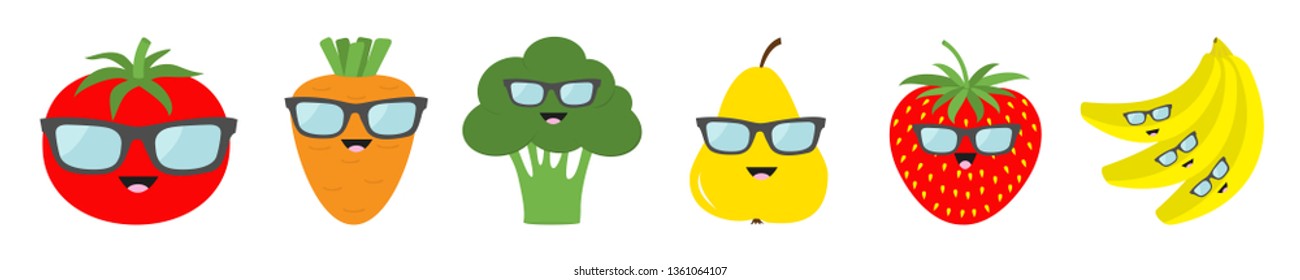Fruit berry vegetable face sunglasses icon set line. Pear strawberry banana,Tomato, carrot broccoli. Cute cartoon kawaii character. Flat design. White background. Vector illustration