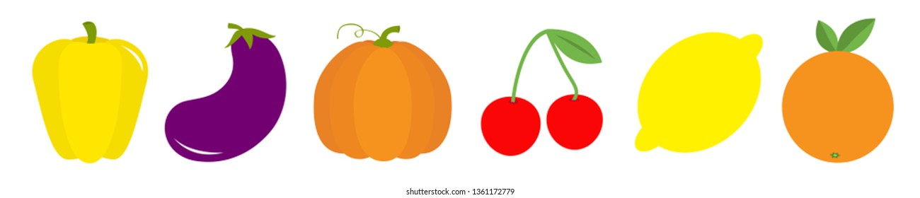 Fruit berry vegetable food icon set line. Pepper, eggplant, pumpkin cherry, lemon, orange. Cute cartoon kawaii decoration element. Flat design. White background. Vector illustration