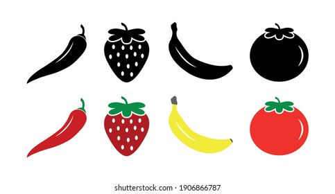 Fruit, berry vegetable food icon set, chili pepper, strawberry, banana, tomato, silhouettes of fruits, vegetables and berries. Vector illustration.