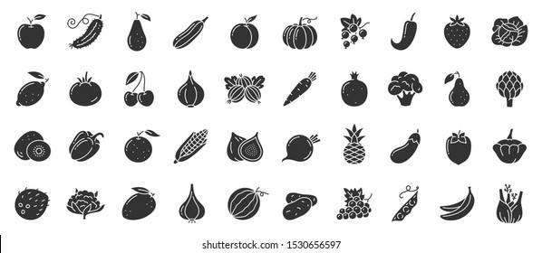 Fruit, berry, vegetable glyph icons set. Food symbol, simple shape pictogram collection. Vegetarian silhouette design element. Pumpkin, strawberry, cherry, black sign Isolated icon vector illustration