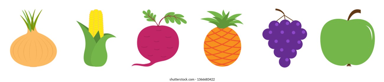 Fruit berry vegetable icon set line. Onion, sweet corn, beet, beetroot, pineapple, grape apple. Cute cartoon kawaii shape collection. Flat design. White background. Vector illustration