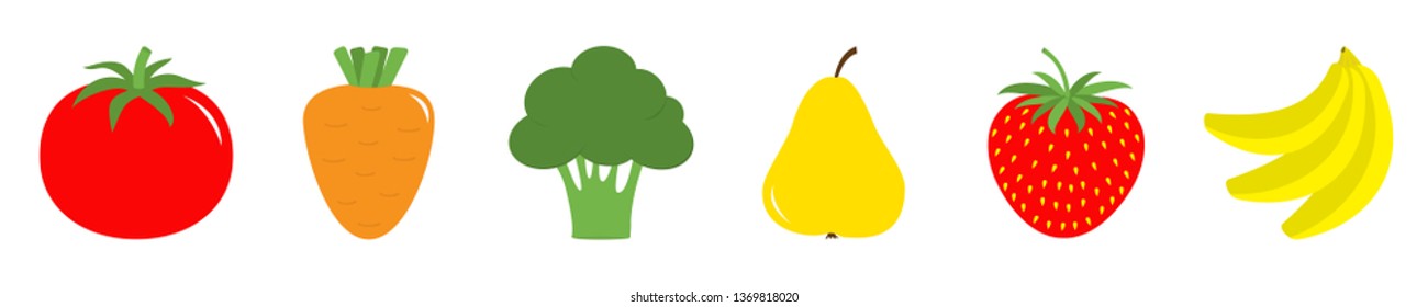 Fruit berry vegetable icon set line. Tomato, carrot broccoli. Pear strawberry banana. Cute cartoon kawaii decoration element. Flat design. White background. Vector illustration