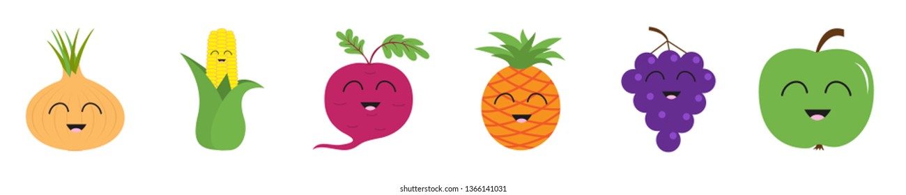 Fruit berry vegetable smiling face icon set line. Onion, sweet corn, beet, beetroot, pineapple, grape apple. Cute cartoon kawaii character. Flat design. White background. Vector illustration