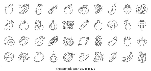 Juego de iconos de línea fina de frutas, bayas y verduras. Recogida de alimentos con simples signos de esquema. Símbolo de estilo lineal. Diseño de iconos planos de contorno negro vegetariano. Aislado en el concepto blanco vectorial Ilustración