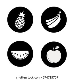 Fruit black icons set. Fresh pineapple and banana bunch. Sliced watermelon with seeds and ripe apple. Exotic and garden sweet fruits. White silhouettes illustrations. Vector logo concepts