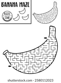 Fruit black and white geometrical maze for kids. Preschool printable line activity shaped as banana. Capybara food labyrinth game, coloring page or puzzle for children
