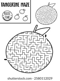 Fruit black and white geometrical maze for kids. Preschool printable line activity shaped as orange or tangerine. Capybara food labyrinth game, coloring page or puzzle for children
