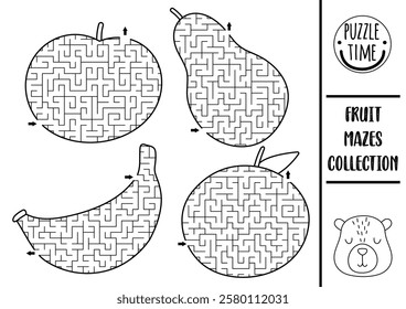 Fruit black and white geometrical maze set for kids. Preschool printable activity shaped as apple, pear, tangerine, banana. Capybara food labyrinth game, coloring page or puzzle collection