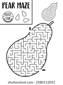 Fruit black and white geometrical maze for kids. Preschool printable line activity shaped as pear. Capybara food labyrinth game, coloring page or puzzle for children
