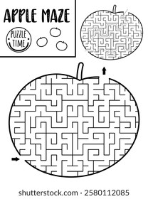 Fruit black and white geometrical maze for kids. Preschool line printable activity shaped as apple. Capybara food labyrinth game, coloring page or puzzle for children
