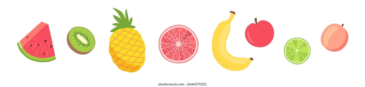 Fruit border flat design. Fresh raw fruits in a line. Frame design element. Watermelon slice, kiwi, pineapple, grapefruit, banana, apple, lime, peach. Cute summer repeat design. Healthy food theme.