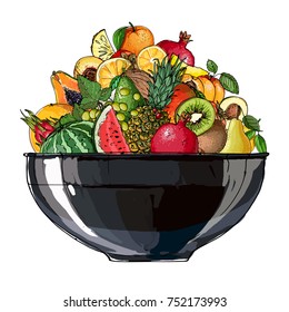 Fruit in a bowl. Fresh food. Watermelon, cantaloupe, pomegranate, apricot, persimmon line drawn on a white background. Vector illustration.