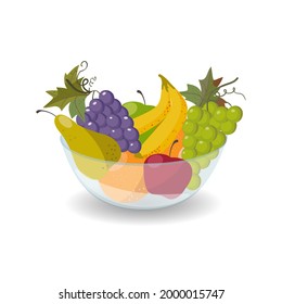 Fruit bowl with grapes, apple and pear isolated on white background. Fruit basket. Fruit in a glass vase. Vector flat illustration.