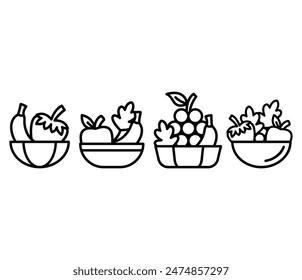 icono de tazón de fruta diseño de Vector línea simple color blanco negro ilustración Conjuntos