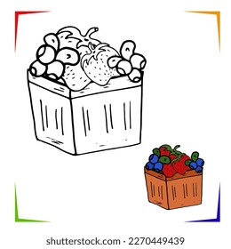 Fruit box Coloring Page. Vector Educational worksheet colored by sample. Paint game preschool. Elements for coloring book, page, printing, design illustrations in the style of outline for kids
