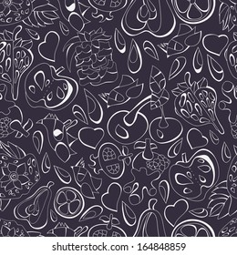 Fruit bright new  abstract objects seamless patterns with apple, pear, pineapple, cherry, orange. Pattern can be used for wallpaper pattern. Vector backgrounds with bright  purple white shades.