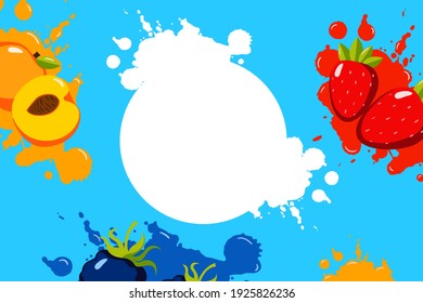 Banner salpicado brillante de frutas. Fosa de fresa roja con albaricoque de onda amarilla y morera negra azul con espacio blanco vacío para el logo del vector tropical.