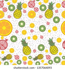 Fruit bright summer background. pineapple, orange, kiwi, pomegranate. seamless pattern. Summertime poster. healthy lifestyle