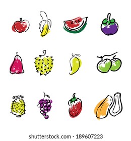 Fruit brush line icons set