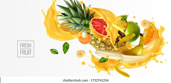 Fruit burst background. Splash of juice. Sweet tropical fruits and mixed  Orange, mango, banana, pineapple. 3d vector realistic set.