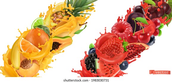 Fruit Burst, Splash Of Juice. Sweet Tropical Fruits And Mixed Forest Berries. 3d Realistic Vector