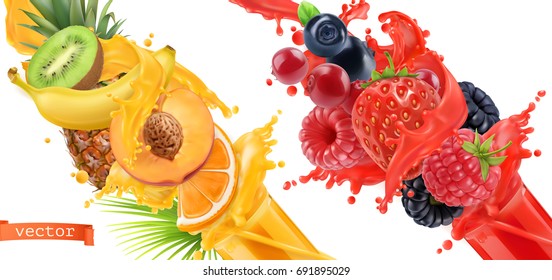 Fruit burst. Splash of juice. Sweet tropical fruits and mixed forest berries. 3d realistic vector icon set - Shutterstock ID 691895029