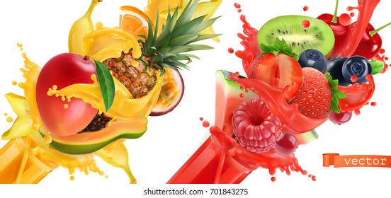 Fruit burst. Splash of juice. Sweet tropical fruits and mixed berries. Mango, banana, pineapple, papaya, strawberry, raspberry, blueberry, watermelon. 3d realistic vector icon set.