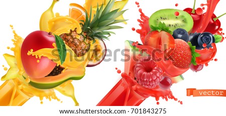 Fruit burst. Splash of juice. Sweet tropical fruits and mixed berries. Mango, banana, pineapple, papaya, strawberry, raspberry, blueberry, watermelon. 3d realistic vector icon set.