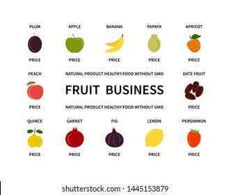 Fruit business natural product colored icons without GMO healthy food vegetables vegan analysis design elements fresh quality food money commerce vitamins search tasty useful vector symbol set