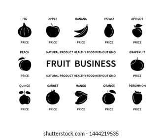 Fruit business natural product silhouette icons without GMO healthy food vegetables vegan analysis design elements fresh quality food money commerce vitamins search tasty useful vector symbol set